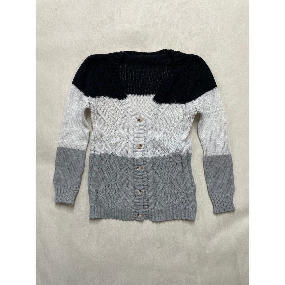 SHEIN Women Medium Colorblock Cable Knit Cardigan Sweater Black White V-Neck
